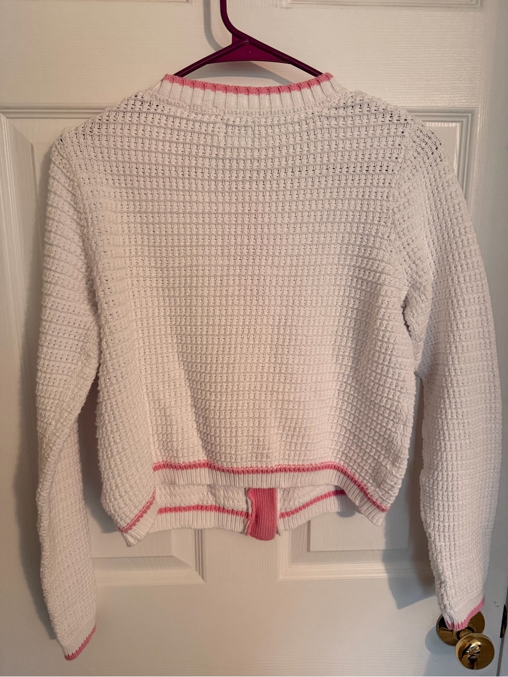 Nicole Miller White Knit Cardigan with Pink Trim and Gold Buttons - Picture 4 of 4